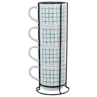 SET 4 TAZAS CERAMICA BLANCA Y VERDE C/SOPORTE