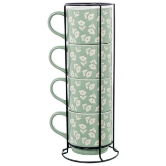 SET 4 TAZAS CERAMICA VERDE FLORES C/SOPORTE