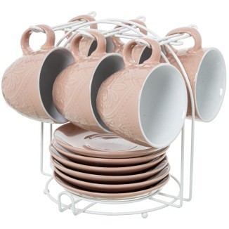 SET 6 TAZAS C/PLATO CERAMICA COLOR ROSA C/SOPORTE