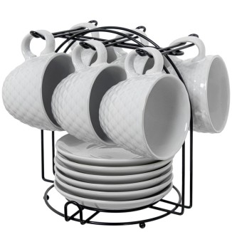 SET 6 TAZAS CERAMICA BLANCA C/SOPORTE
