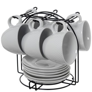 SET 6 TAZAS CERAMICA BLANCA Y PUNTOS C/SOPORTE