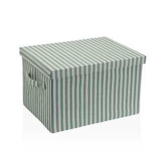 CESTA DE ALMACENAJE RECTANGULAR DE TELA CON TAPA RAYAS VERDES 40 × 30 × 25 CM
