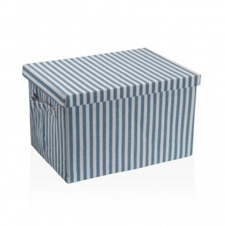 CESTA DE ALMACENAJE RECTANGULAR DE TELA CON TAPA RAYAS AZULES 40 × 30 × 25 CM