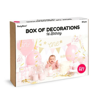 KIT DECORACION PRIMER CUMPLEAÑOS ROSA 33 PZ