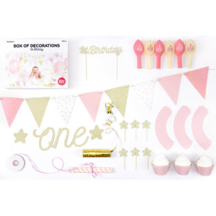 KIT DECORACION PRIMER CUMPLEAÑOS ROSA 33 PZ